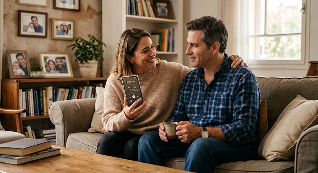 A daughter plays her dad a personal song on her phone as they sit together on the living room couch