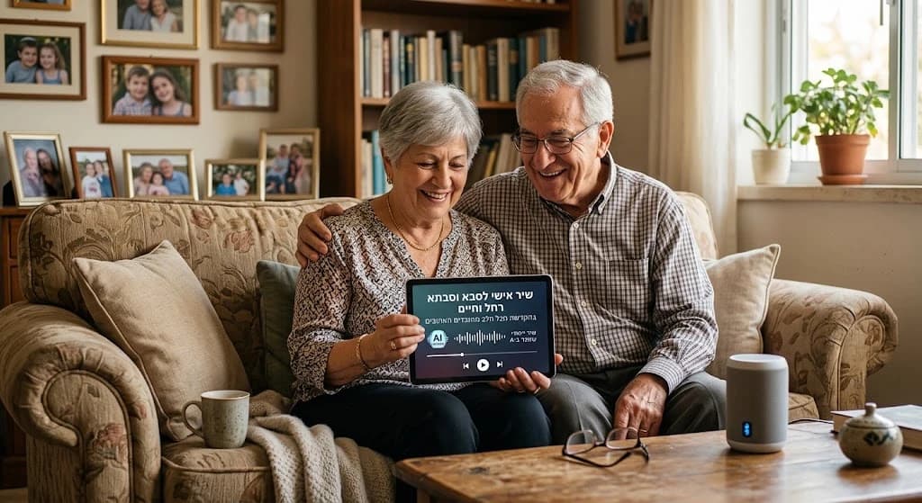 Grandma and grandpa smile on their living room couch as they listen to a personal song on a tablet