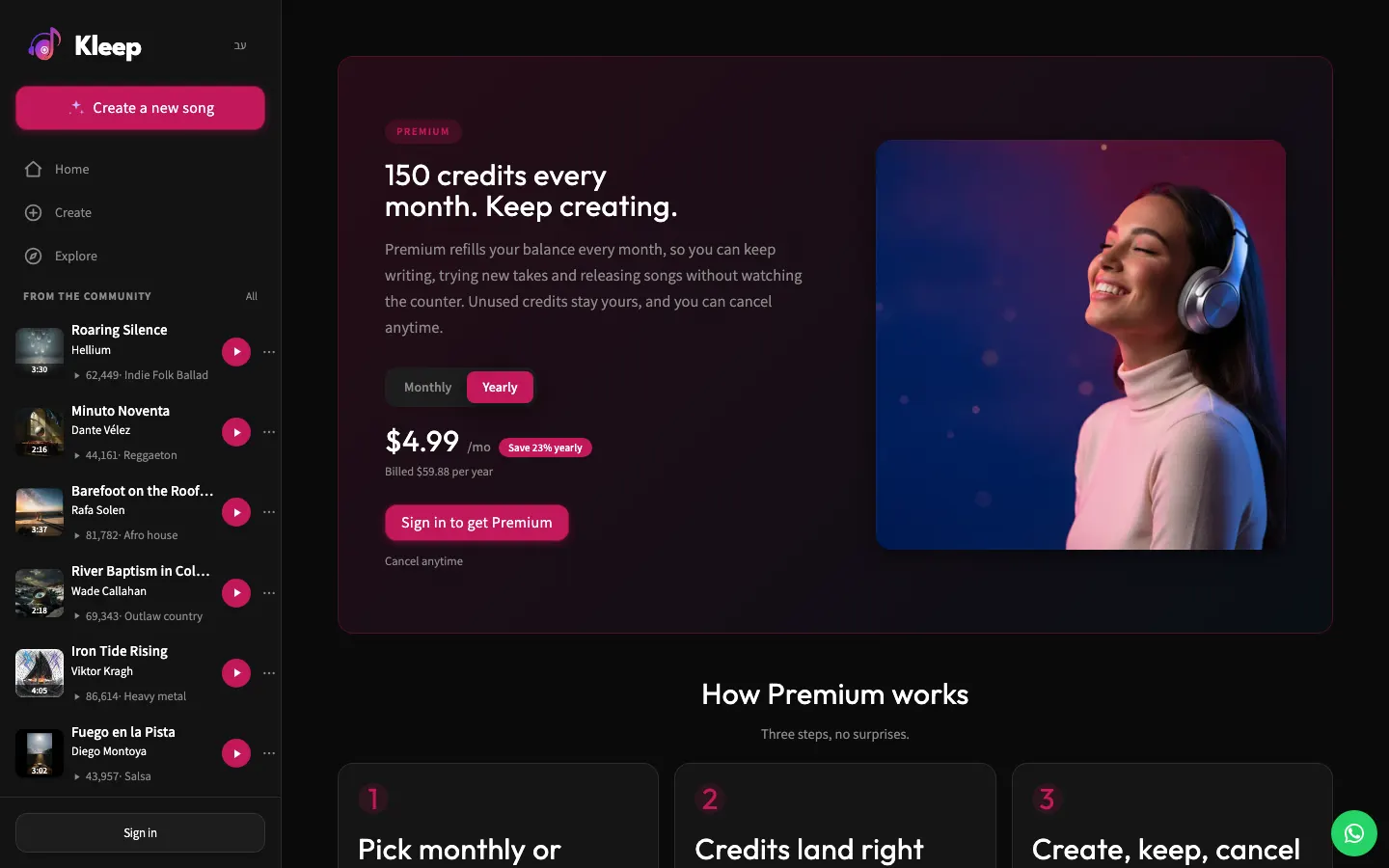 The Kleep Premium page with plans and credit packs