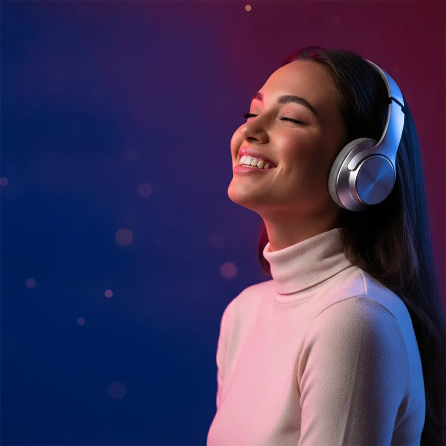 Smiling woman listening to music on headphones